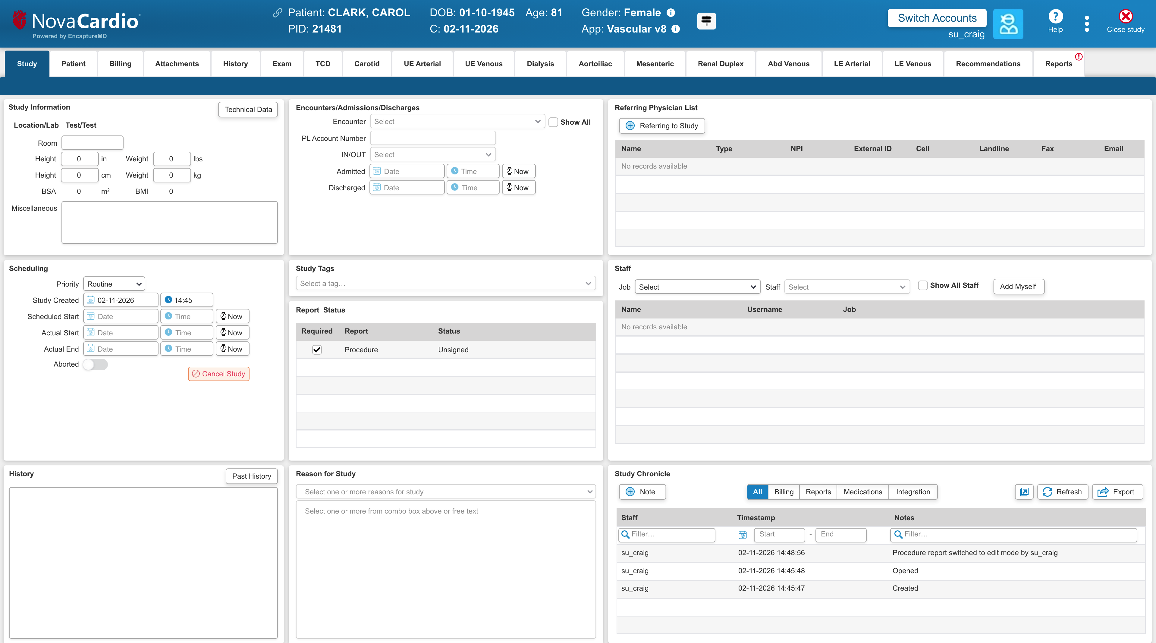 A screenshot of the NovaCardio electronic health record interface showing a patient study dashboard with scheduling, report status, encounter details, and study chronicle — illustrating AI-powered cardiology reporting and workflow management software.