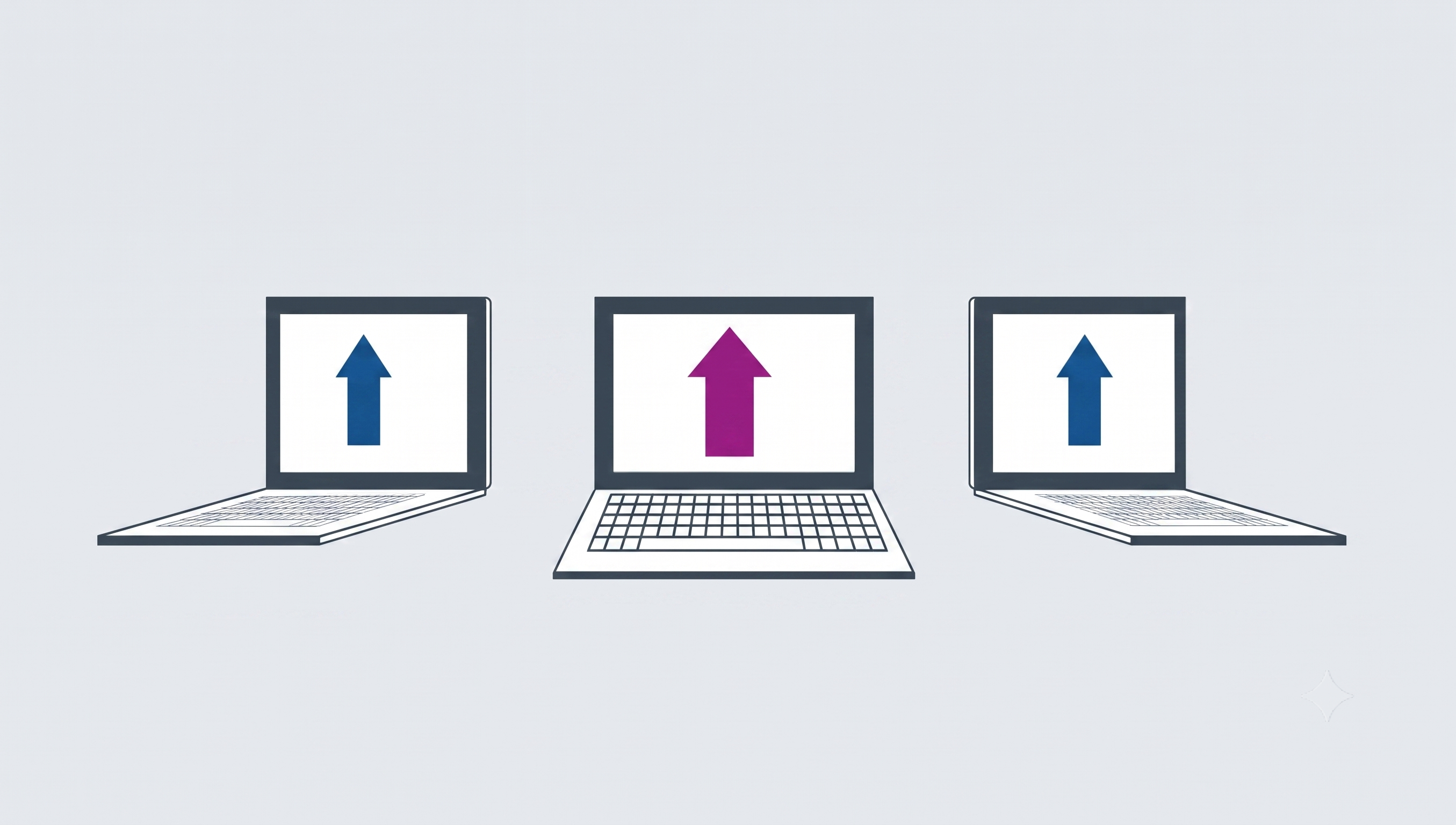 Illustration of three laptops with upward-pointing arrows on their screens, representing the secure sharing and transferring of EHR data.