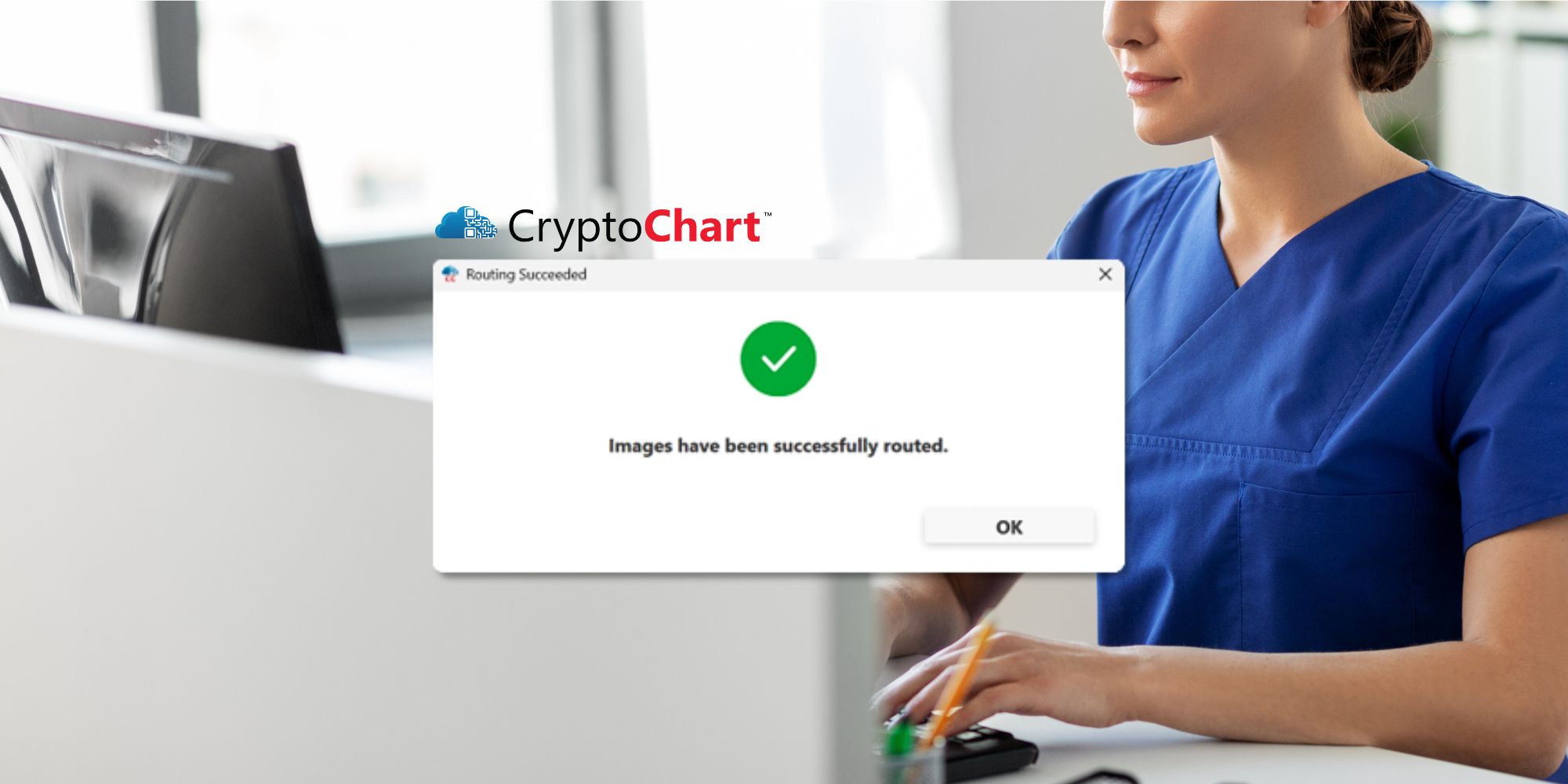 Radiology technician working at a computer, Success Routing Images box and CryptoChart logo